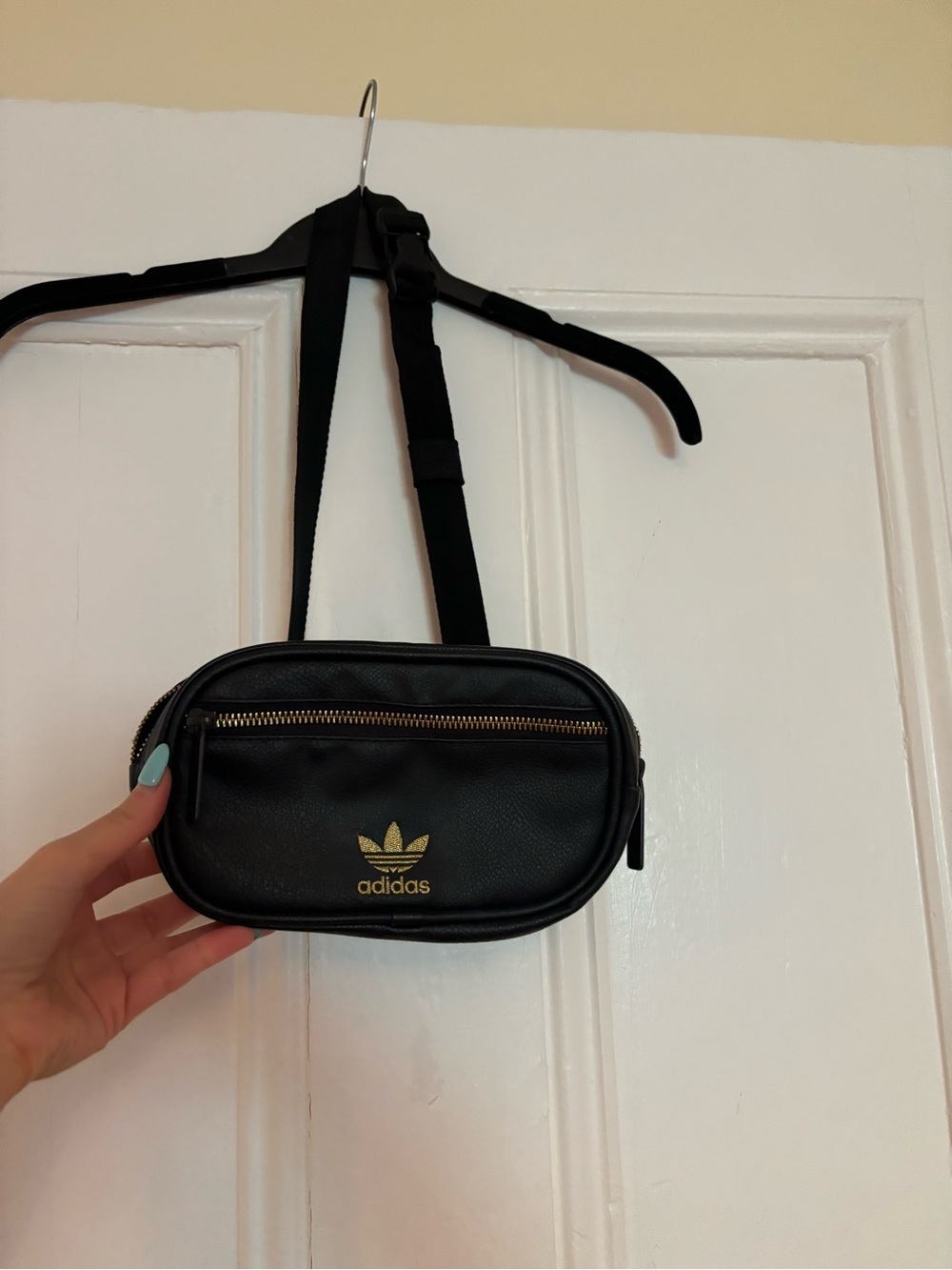 adidas Black Leather Belt Bag with Gold Trefoil Logo